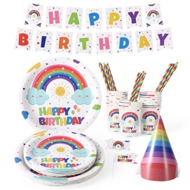 GarveeHome Birthday Party Supplies, Happy Birthday Paper Plates, Cups, Straw, Birthday Hat and Banner for Colorful Birthday Party Decorations, 151 Pcs Birthday Tableware Set Serve 25