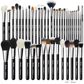 BUEART DESIGN - Juego de 42 brochas de maquillaje con pelo de cabra natural real (42 piezas, negro perla mate)