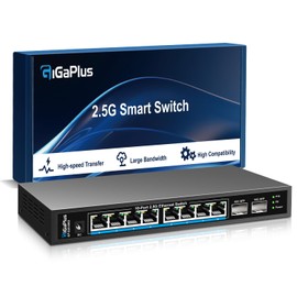 10 Port 2.5Gb Unmanaged Ethernet Switch with 8* 2.5G Base-T Ports, 2* 10G SFP+ Ports. GiGaPlus 2.5Gbps Network Switch for 2.5Gbps NAS/PC, WiFi6 Router, Wireless AP. Fanless Design, Plug and Play