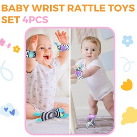 Baby Wrist Rattle & Foot Finder Socks 4Pcs, Newborn Sensory Learning Toys for 0-3-6-12 Months, JOMWEN Hand Bracelet Foot Rattle, Tummy Time Toy Gift for Boy Girl - Purple Donkey
