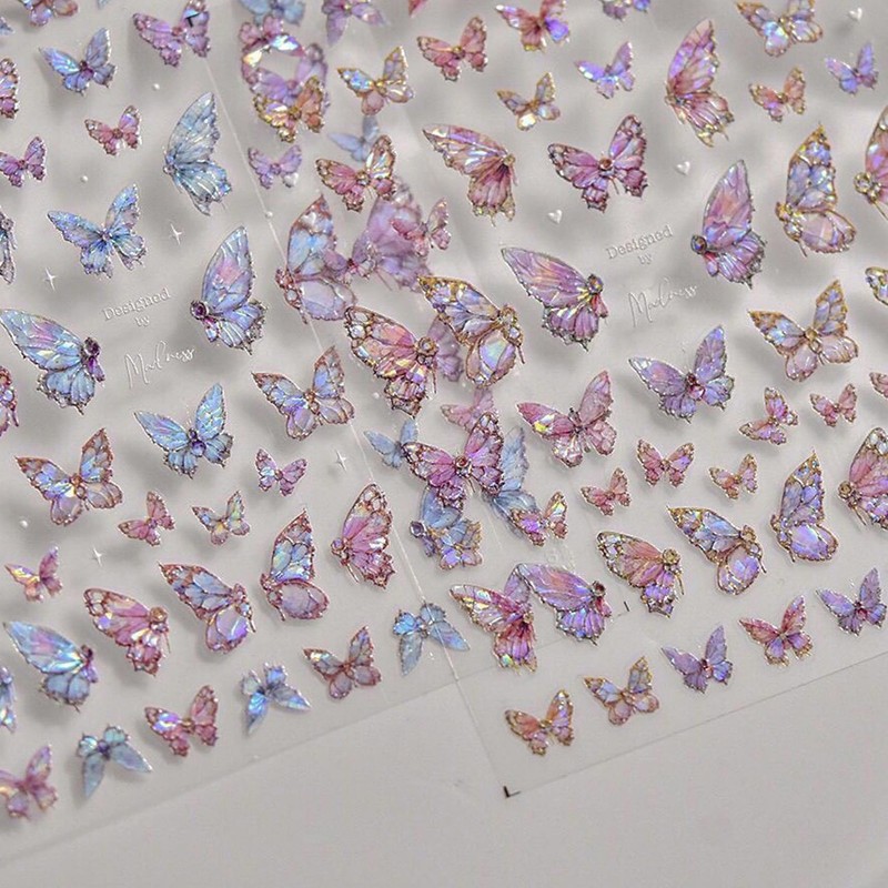 TailaiMei Butterfly Nail Stickers, 2 Sheets 5D Glitter Design Self-Adhesive