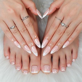 48Pcs Medium Almond Press on Nails and Toes Matching Set White French Tip Fake Fingers Toe Nail Tips Press ons Nude Glossy Glue on Toe Nails Acrylic Nails Square Summer False Toe Nails for Women