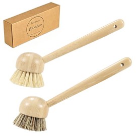 2 Pack Natural Kitchen Dish Brushes with Sisal & Palm Bristles, Long Bamboo Handle Scrubber for Dishes, Cast Iron Pans Pots and Vegetable Cleaning