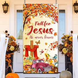 YE Fall for Jesus Door Cover, Fall for Jesus He Never Leaves Door Banner, Pumpkin Autumn Christian Religion Door Cover for Fall Thanksgiving Farmhouse Decoration, 70.8 * 35.4inch