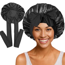 Satin Bonnet, Double-Sided Silk Bonnet Hair Wrap for Sleeping, Night Hair Sleep Cap with Elastic Band, Hair Care Head Cover Hat for Women Girls Long, Straight, Curly Hair（Black）