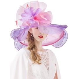 ELLYDOOR Women Derby Church Hat Organza Flower Wedding Tea Party Fascinator Hats Wide Brim Sun Hat Purple Pink