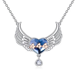 YAFEINI Angel Number Chain 925 Sterling Silver 444 Angel Number Pendant Necklace Blue Guardian Angel Wings Jewellery Gift for Women Girls, Sterling Silver, Cubic Zirconia