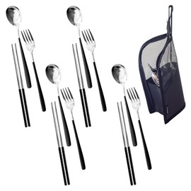 FOXDOOR Cutlery Set, Chopsticks, Spoon, Fork, Storage Case, Dining Table, Scandinavia, Disaster Prevention, 7.9 inches (20 cm), Black, Stainless Steel, Camping Cutlery, 3-Piece Set, For 2 People, 3