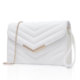 Larcenciel Clutch White Vegan Leather Handbags with Wrist & Chain, Elegant Quilted Envelope Evening Bag, Fashion Shoulder Bag, Crossbody Bag for Wedding, Party, Prom, Date, Banquet, 23 x 16 x 6 cm