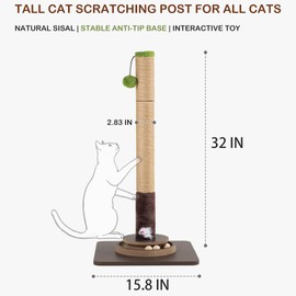 32''Cat Scratching Post, Natural Sisal Cat Scratcher with Toy & Hanging Pom Pom, Heavy Duty Cat Scratching for Indoor Cats, Kitten Scratching Post for Large Cats, Modern Cat Tree for Home Décor