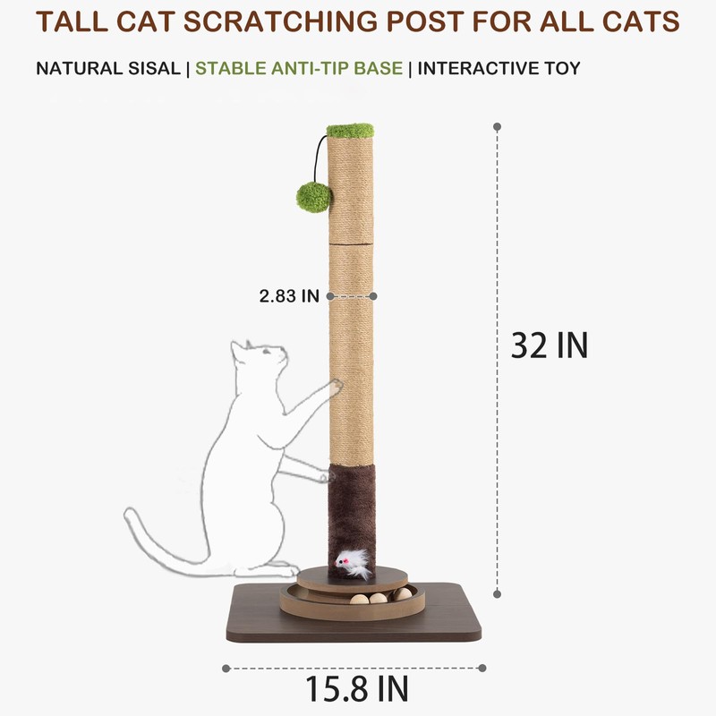 32''Cat Scratching Post, Natural Sisal Cat Scratcher with Toy &
