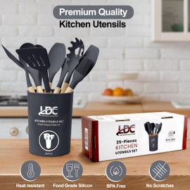 LDC Silicone Cooking Utensils Set 35 Piece with Holder - BPA Free Food Grade Silicone, Heat Resistant Wooden Handles, Cooking Spatula Set for Nonstick Cookware (Grey)