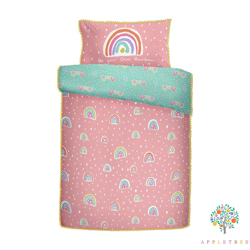 Appletree Rainbow Pom-Duvet Cover Set, 100% Cotton, Pink, Single