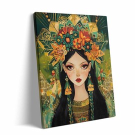 Mexican Empress Canvas Wall Art, Floral Headdress Artwork, Colorful Mexican Pictures Print, Traditional Cinco de Mayo Framed Oil Painting for Living Room, Bedroom, or Office Decor 8x10inch