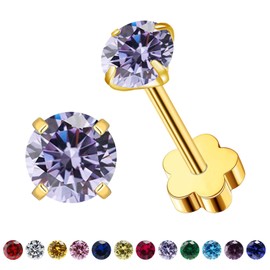 Flower Screw Back Birthstone Stud Earrings for Women Girls, 3mm G23 Tiny CZ Flat Back Stud Earrings, Screw Back Helix Earrings (Gold, 6.June-Alexandrite)