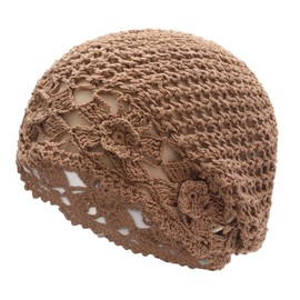 ZLYC Women Cotton Crochet Slouchy Teanie Hat Handmade Knit Cutout Summer Floral Skull Cap(Flowers Tan)