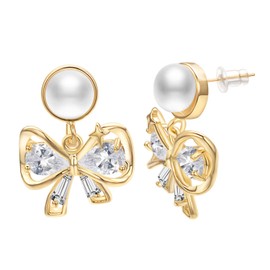 Yoursfs Bow Drop Dangle Stud Earrings for Women Gold Plated Dainty CZ Pearl Pierced Earring Trendy Jewelry Gift for Women