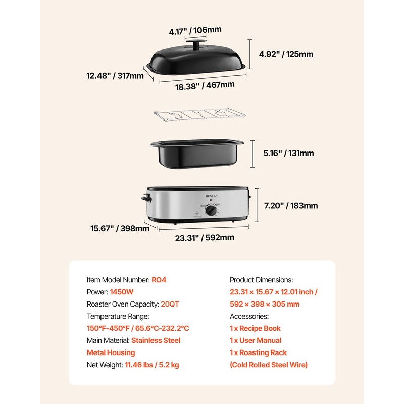VEVOR Roaster Oven, 20QT Electric Roasting Pan, 150-450℉ Adjustable Temperature