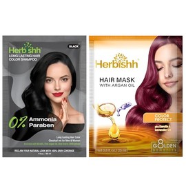 Herbishh Travel Pack – Shampoo Colorante 3 en 1 en Sobres + Mascarilla Capilar de Argán | Negro Natural | Cubre Canas 100% en 10 Minutos | Nutre, Suaviza y Fortalece el Cabello | 30 ml