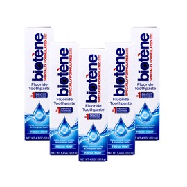 Biotene Fluoride Toothpaste for Dry Mouth Symptoms, Bad Breath Treatment and Cavity Prevention, Fresh Mint - 4.3 oz (Pack of 5)