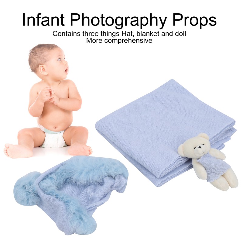 3pcs Baby Photography Props Soft Newborn Photo Blanket Doll Hat