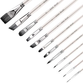 AIEX 12Pcs Paint Brushes, Anti-Shedding Nylon Hair Flat Shader Tip Artist Paintbrushes for Watercolor Acrylic Ink Gouache Oil and Tempera Painting(White)