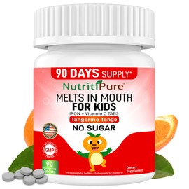 Kids Chewable Iron Supplement (Ferronyl/Carbonyl Iron 9 mg with Vitamin C 30 mg) Tablet in Tangerine Tango Orange Flavor 90 Count (1 Bottle)