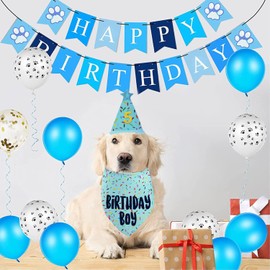 Dog Birthday Bandana Set, Light Blue Birthday Boy Decorations, HBD Party Supplies with Hat Bandana Numbers for Pets (Light Blue)