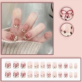 YoYoee Short Square Press on Nails French False Nails Cute Bow Tie Nails Tips Full Cover Nude Fake Nails for Women and Girls 24PCS