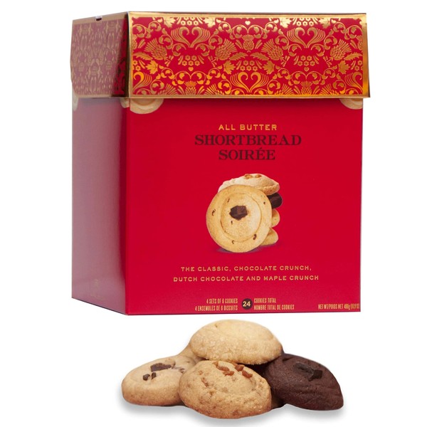 Red Gift Box Variety of Flavors Shortbread Cookies, Traditional, Maple, Chocolate Crunch, Dutch Choco, 480 Grams