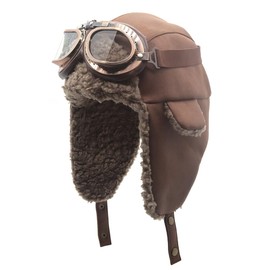 Cuhubyup Vintage Aviator Hat and Goggles Trooper Trapper Pilot Cap Fur Ear Flaps for Men Women(Brown Hat+Clear Lenses)