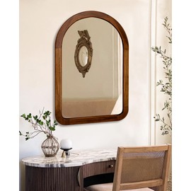 Arched Mirror 24 x 36 Inch,Brown Wood Rustic Bathroom Tempered Wall Mirror with Wood Frame,Round Corner Arch Farmhouse Wooden Vanity Mirror for Living Room,Entryway or Bedroom（Walnut Brown）