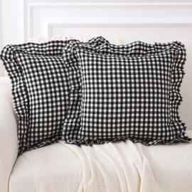 K MASANIJI 2 Pack Black White Plaid Ruffle Gingham Throw Pillow Covers 18x18 inches, 100% Washed Cotton Buffalo Checkered Farmhouse Pillow Shams (18x18 inches,Black/White Plaid)