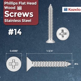 Kozelo 25pcs Phillips Flat Head Wood Screws - [#14x1-3/4] 304 Stainless Steel Countersunk Self Tapping Screws for Furniture Assembly, Interior Trim, Outdoor Construction, Silver