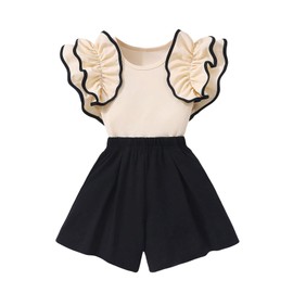 Floerns Girl's 2 Piece Outfit Ruffle Trim Sleeve Tee Shirts with Shorts Set Black 11Y
