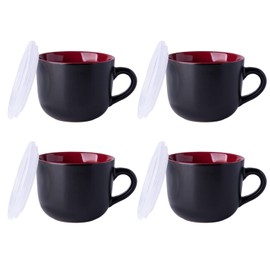 GBHOME Ceramic Soup Mugs with Lid, 24 oz Soup Cups with Hanlde for Coffee,Cereal,Salad,Noodles,Tea, Microwave &Dishwasher Safe, Set of 4, Red inside with Vented lid