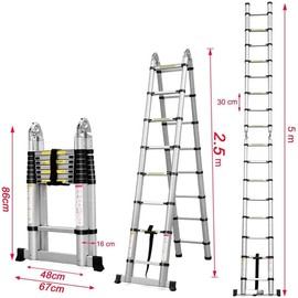 Aluminum Telescopic Ladder 5M Foldable Portable Retractable Multipurpose Ladder 2.5m+2.5m for Indoor and Outdoor -Supports 150kgs
