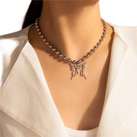 YienDoo Punk Butterfly Bead Necklace Vintage Silver Large Butterfly Pendant Necklace Hip-hop Statement Large Bead Choker Necklace Chain Rock Butterfly Necklace Charm Jewelry for Women and Girls