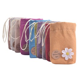 VIAMTO 10pcs 3.6''x4.8''/9.0cmx12.0cm Mixed Small Burlap Drawstrings Gift Bags with Flower and Tag Enclosed,Square Bottom, for Jewelry Packaging, Favor Pouches