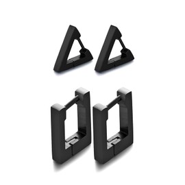 2 Pairs Minimalist Stainless Steel Geometric Hoop Earrings Dainty Small Punk Gold Tone Rectangle Triangle Huggie Hoop Earrings for Men Women-black
