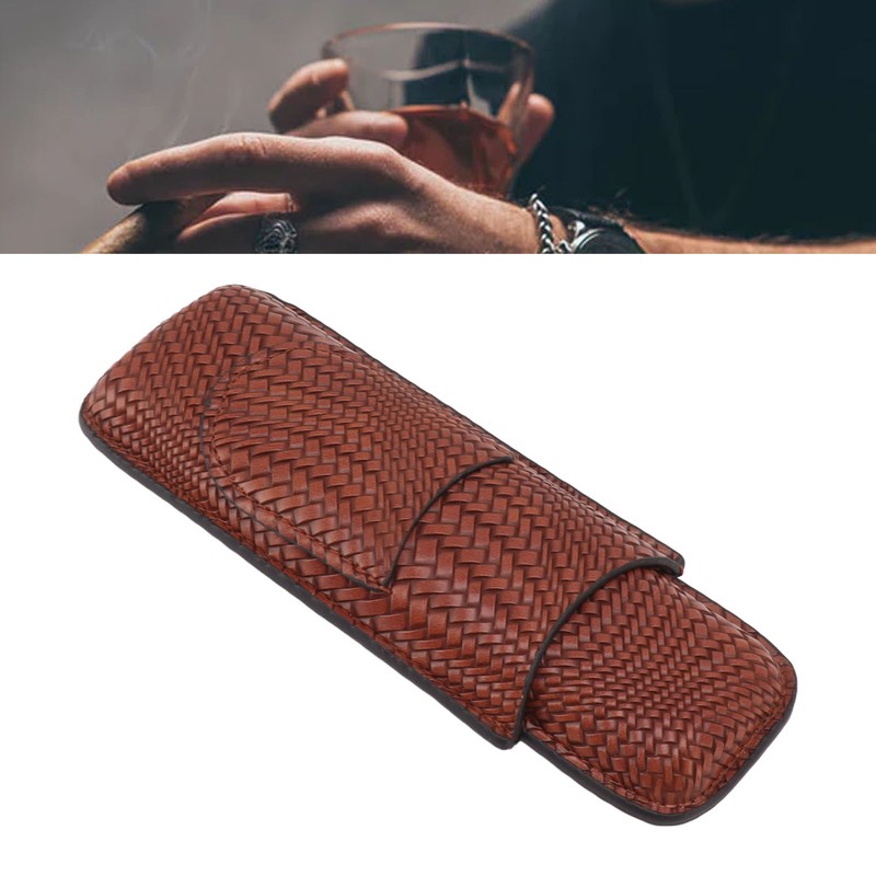 Cigar Case Holder Elegant Vintage Style Woven Pattern Leather Portable