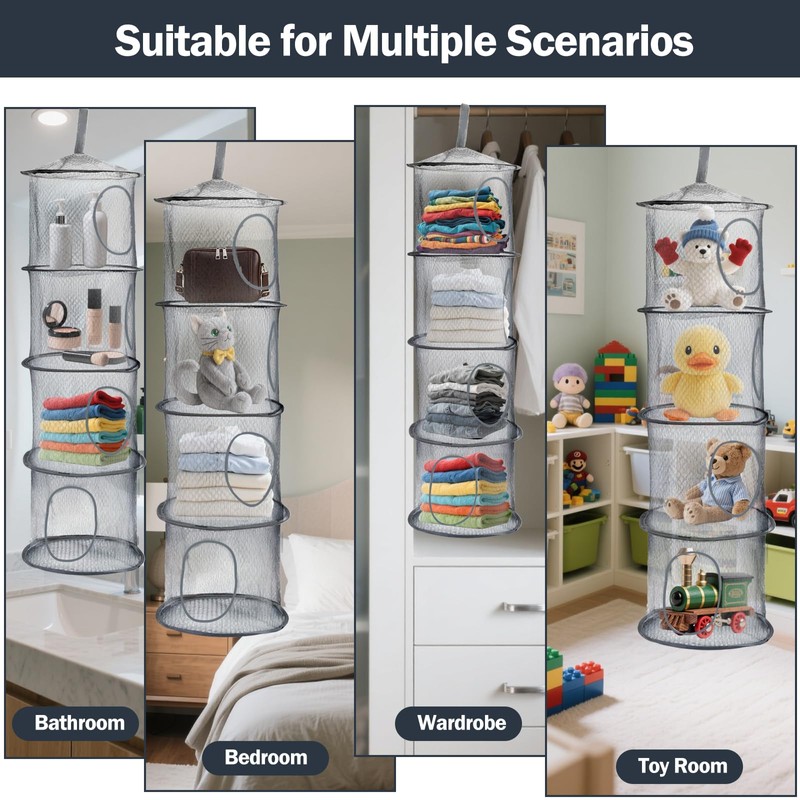 DIBALIYI 2 PCS Hanging Mesh Storage Net, 4 Tier Teddy