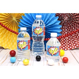 Comic Book Super Hero Birthday Themed Waterproof Water Bottle Sticker Wrappers 20 Wrap Around Labels Sized 1.75" x 8.5" by AmandaCreation