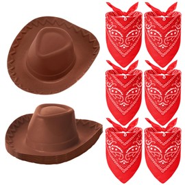 Hillban 12 Pack Cowboy Hat and Bandana Set, Cowgirl Hats Felt Cowboy Party Hats Bulk Western Bandanas for Party Costume(Brown)