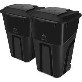 Trash Can With Lid - Ultimate Strength 32 Gallon Wheeled Garbage Can Trash Container - Professional Grade Outdoor Waste Bin with Secure Snap Lid and Ergonomic Handles, Outdoor Recycling Bins, 2 Pack