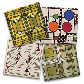 Assorted Art Glass Designs by Frank Lloyd Wright 4-Pack Stone Coasters with Protective Cork Backing Manufactured in The USA Absorbent Easily Wipes Clean