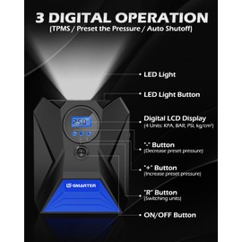 E-SMARTER Car Tyre Inflator Air Compressor, Car Tyre Inflator 12v, Protable Car Tyre Pump 120W/150 PSI/10.5 Bar with 3 Nozzle Adaptors, LED Light, Suitable for Car, Bicycle, Motorcycle, Ball