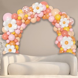 Uniquer 143Pcs Boho Daisy Balloons Garland Kit, Pink Yellow Orange Daisy Flower Balloons Arch Kit, Groovy Party Decoration
