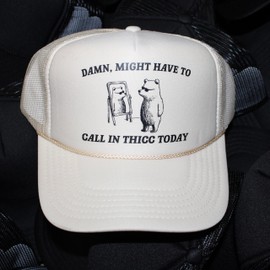 Might Have to Call in Thicc Trucker Hat | Vintage Cowgirl Cute Meme Funny | Premium Mesh Foam Snapback Hat for Men & Women (US, Alpha, One Size, Brown/Tan)