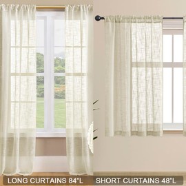 Linen Curtains for Bedroom 48 Inch Length 2 Panels Semi Sheer Light Filtering Rod Pocket Short Sheer Curtain for Kitchen Bathroom 36 x 48 Inches Long Tan Beige